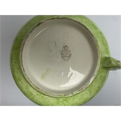 Victorian Wedgwood blue jasperware jardiniere H16.5cm; Victorian copper lustre jug; James Kent art deco style green glazed jug; and Beswick figure of a singing cat (4)