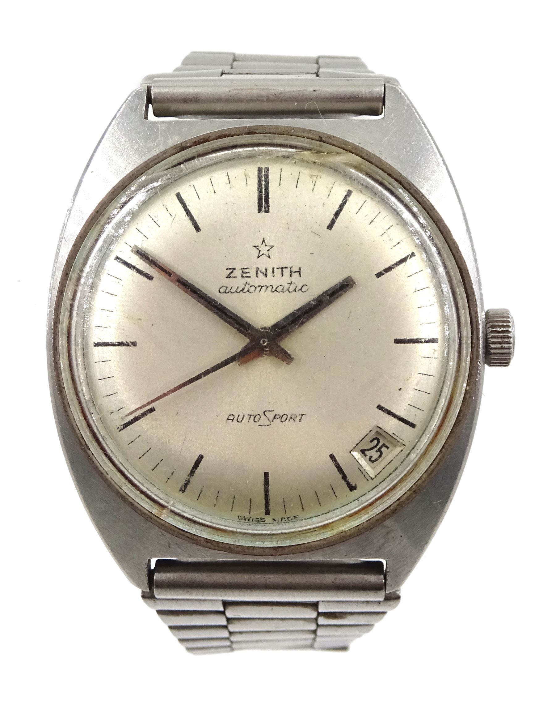 Zenith stainless steel gentlemans automatic AutoSport wristwatch, silvred dial with Roman numerals, on Casio stainless steel strap