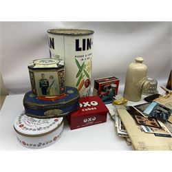 Quantity of vintage tins including OXO Cubes, Marmite Cubes, Thornes premier toffee, together with stone hot water bottle, ephemera etc, in two boxes 