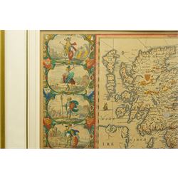 Johannes (Joan) Blaeu (Dutch 1571-1638): 'Britannia Prout Divisa fuit Temporibus Anglo-Saxonum Praesertim Durante Illorum Heptarchia' (Britain as it was Divided During the Anglo-Saxon Times), engraved map of the British Isles with hand-colouring and 14 Dutch style miniature vignettes depicting kings and scenes from Saxon history, later edition 43cm x 54cm