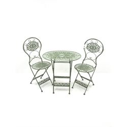 Wrought metal green finish oval garden table (W72cm, H75cm, D54cm) and two matching folding chairs (W42cm)