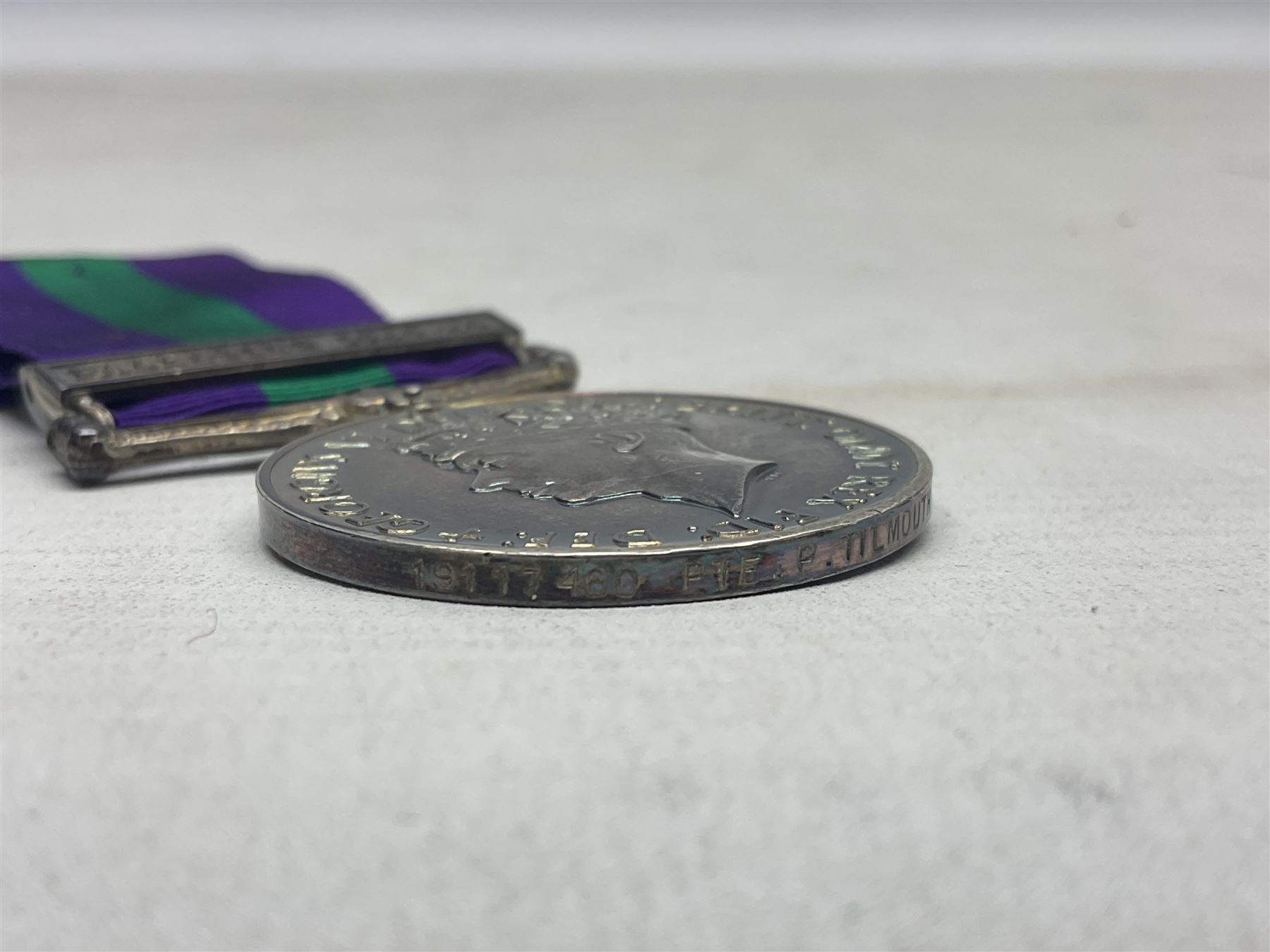 George VI General Service Medal with Palestine 1945-48 clasp awarded to 19117460 Pte. P. Tilmouth R. Lincolns; with ribbon