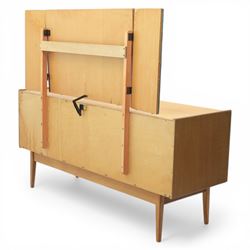 Golden Key By Palatial Ltd - mid-20th century teak dresser, three part mirror above a rectangular top, with six drawers with brass handles and pulls, upon splayed tapering legs 