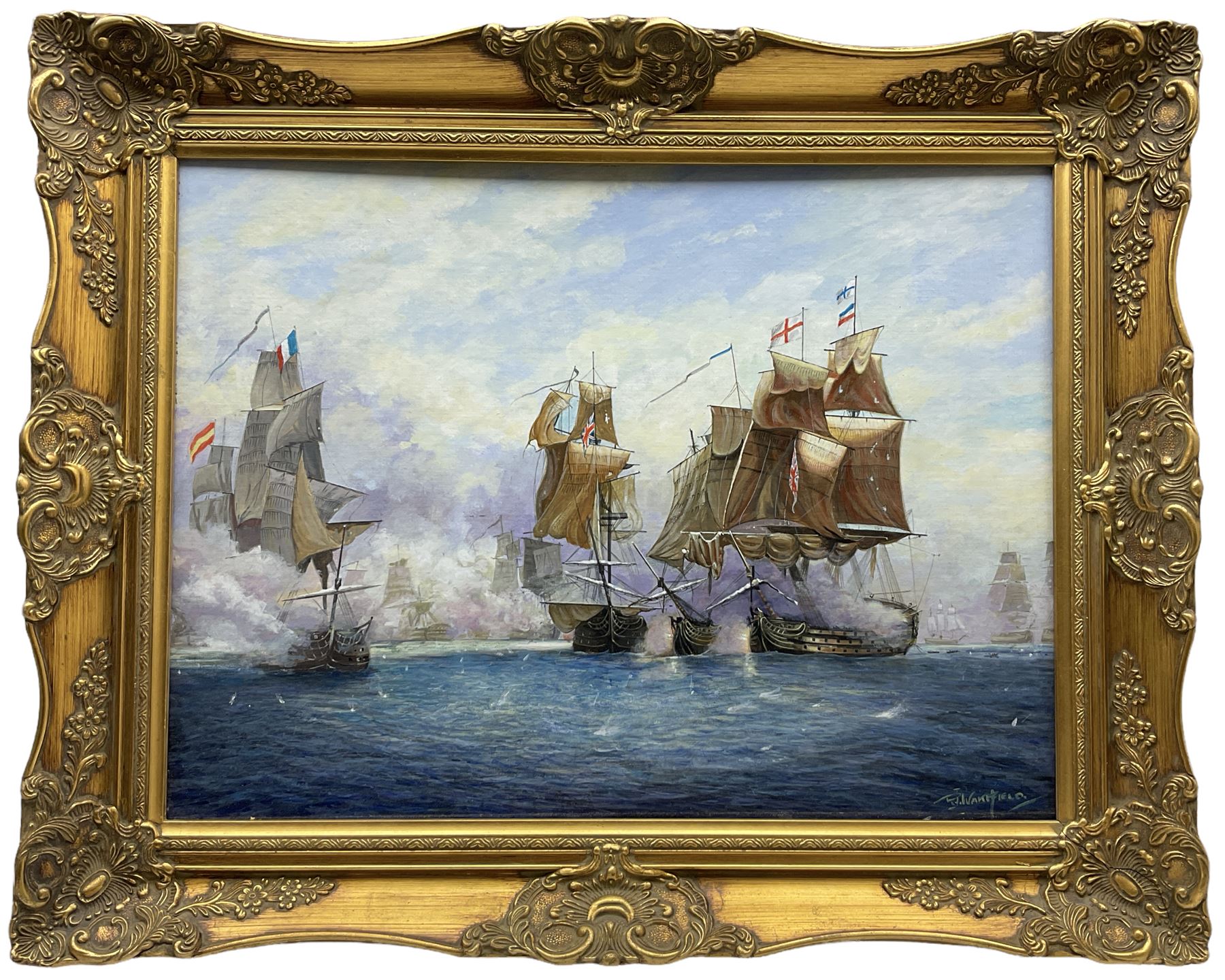 R J Wakefield (British 20th century): 'Battle of Trafalgar 21st October 1805', oil on board signed, labelled verso 45cm x 60cm