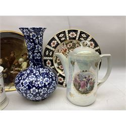 Quantity of ceramics to include Royal Crown Derby Imari plate, no. 2451, Sastuma vase, Frederick Rhead blue and white Prunus vase for Wood and Sons, Dresden pierced basket bowl with encrusted flowers and twin handles, James Kent Old Foley lidded jar with floral decoration, etc