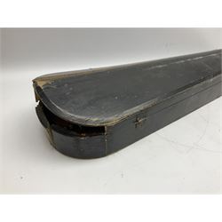 German violin c1900 for restoration and completion with 36cm two-piece maple back and ribs and spruce top L59.5cm overall; in very poor ebonised wooden coffin carrying case with part bow; together with an uncased Romanian eight-string mandolin with segmented back and marquetry panel to spruce top (2)