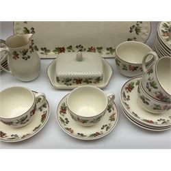 Wedgwood Queens Ware tea and dinner wares in Provence pattern, including ten cups and saucers, milk jug, butter dish with cover, ten dinner plates, ten bowls and ten side plates etc (71), together with Royal Doulton tea wares in Canton pattern, comprising six cups and saucers, milk jug, open sucrier and six dessert plates.    