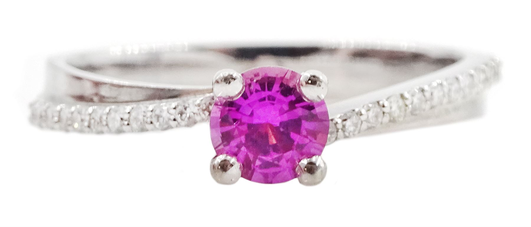 18ct white gold round pink sapphire ring, with diamond set shoulders, stamped 750, sapphire approx 0.50 carat