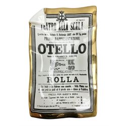 Fornasetti rectangular 'Othello' operatic poster ashtray decorated with black and white text with a gilt border edge,  with printed mark beneath, H22cm 