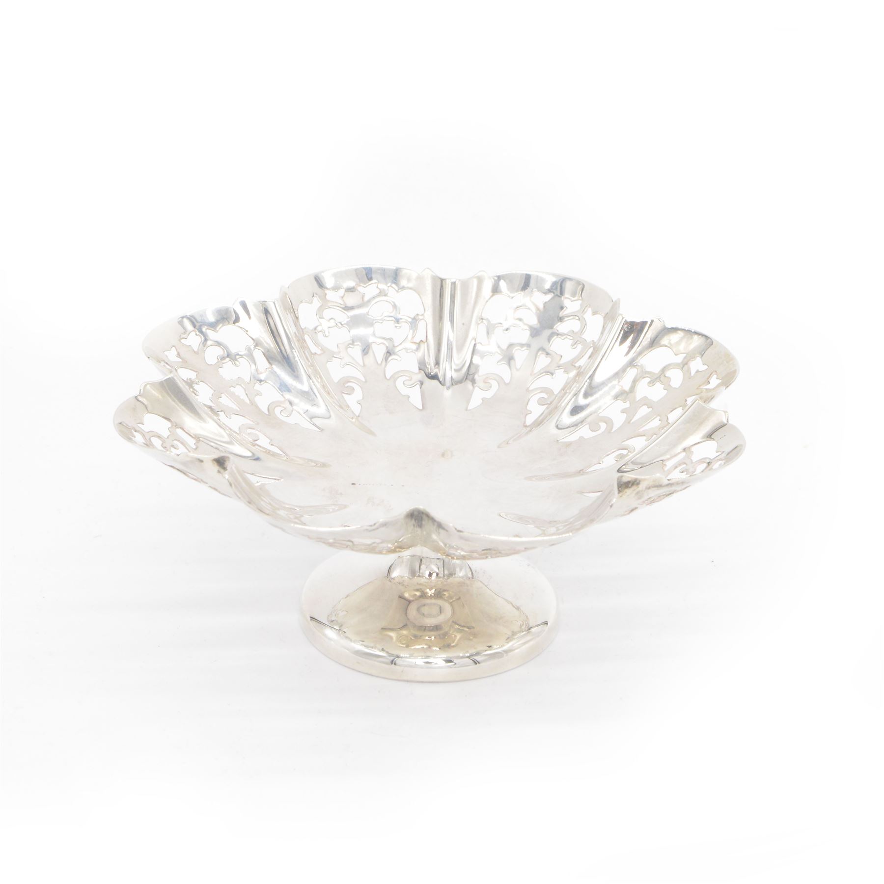1930s silver pedestal bowl with pierced side, hallmarked Sheffield 1933, makers mark SH  & Co probably Sydney Hall & Co, H6cm