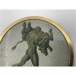 19th Century Italian micro mosaic plaque depicting Heracles capturing the Cretan bull, D7cm