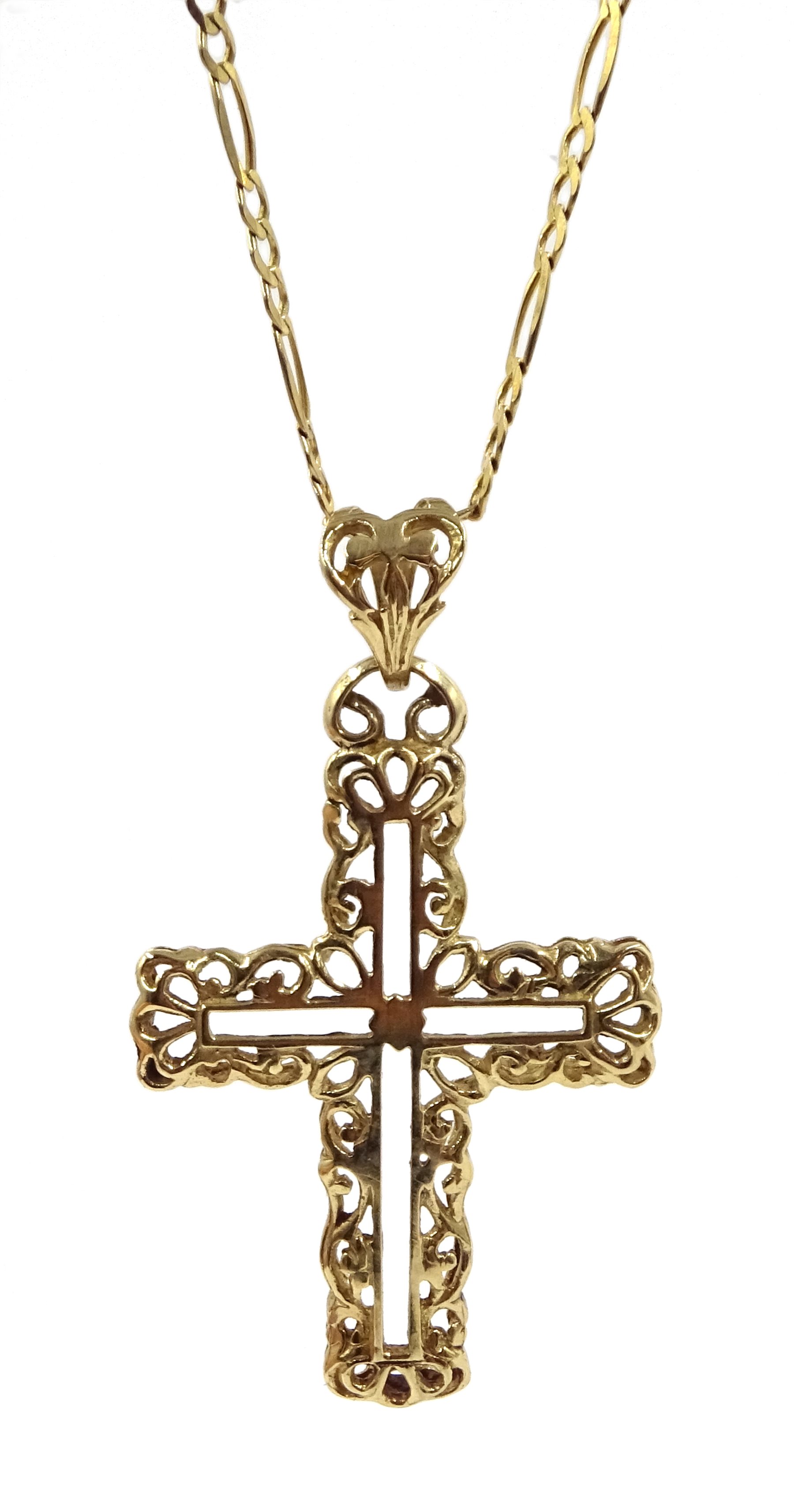 Gold cross pendant, on gold flattened figaro link chain necklace, both