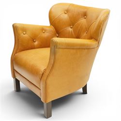 John Lewis - Pair of ochre leather tub chairs, downswept arms, button back and arms, raised on dark supports 