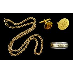 Pair of 21ct gold Chinese character mark cufflinks, 9ct gold rope twist necklace and a silver and 9ct gold Celtic design ring, hallmarked