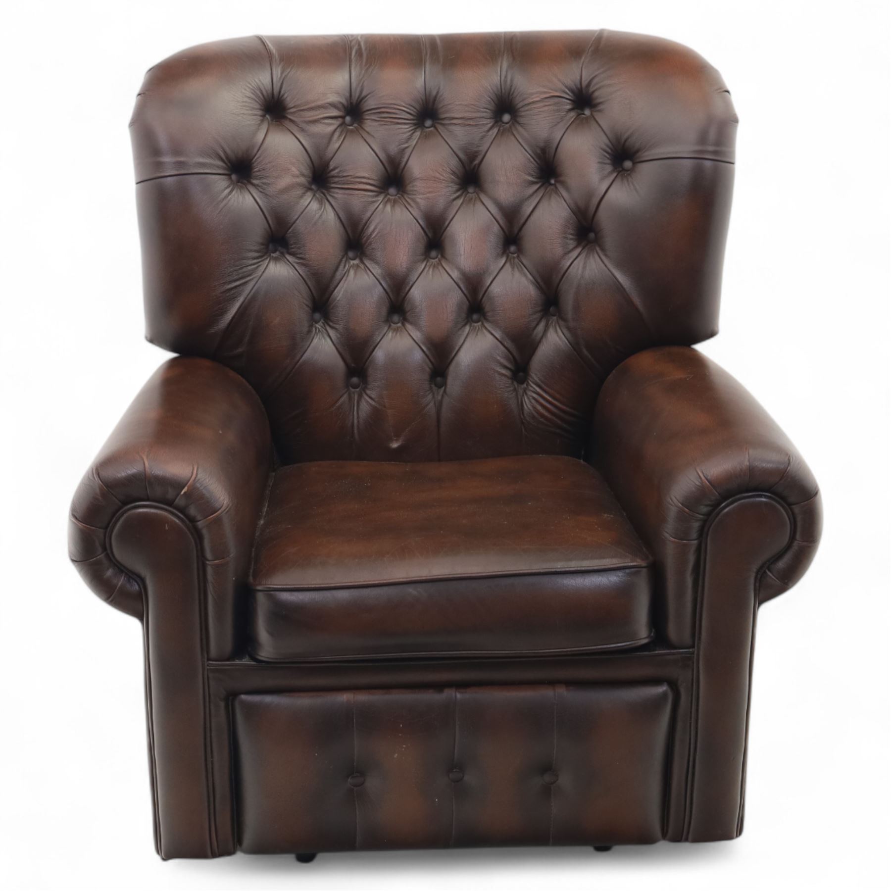 Thomas Lloyd  - electric reclining armchair, brown leather,  button upholstered back, cushion seat, and wide scrolled arms, raised on bun feet 