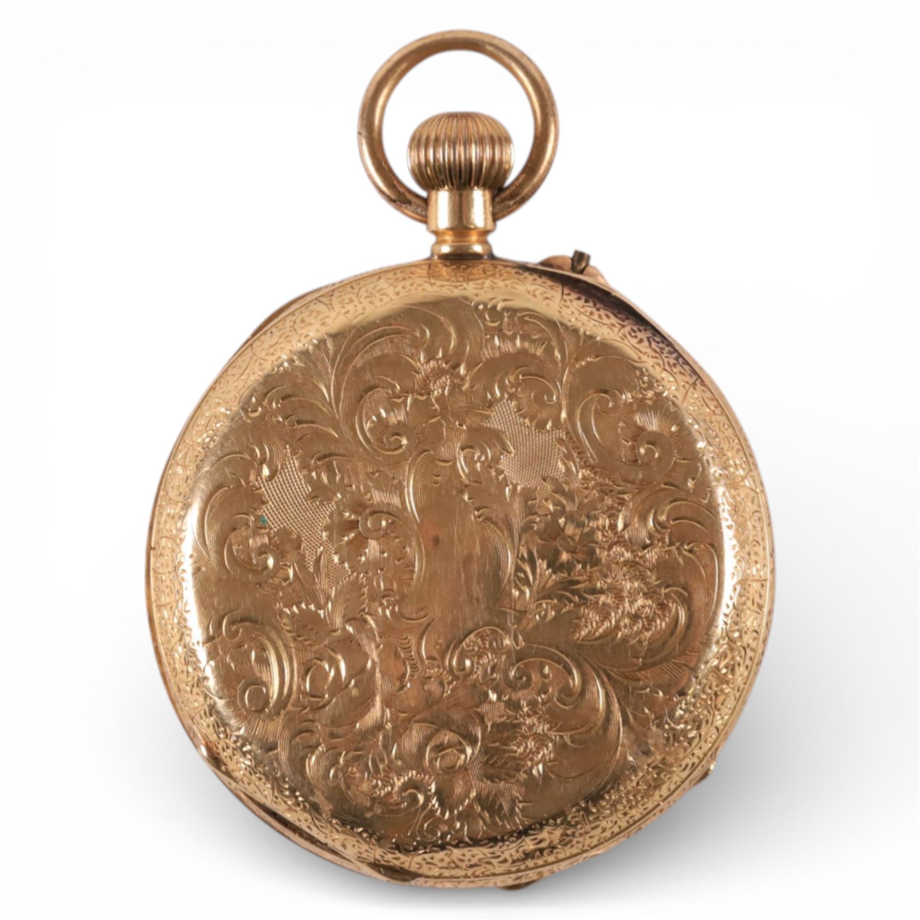 
Early 20th century 18ct gold open face keyless cylinder pocket watch, white enamel dial with Roman numeral hour markers, engraved foliate case, stamped 18K with Helvetia hallmark