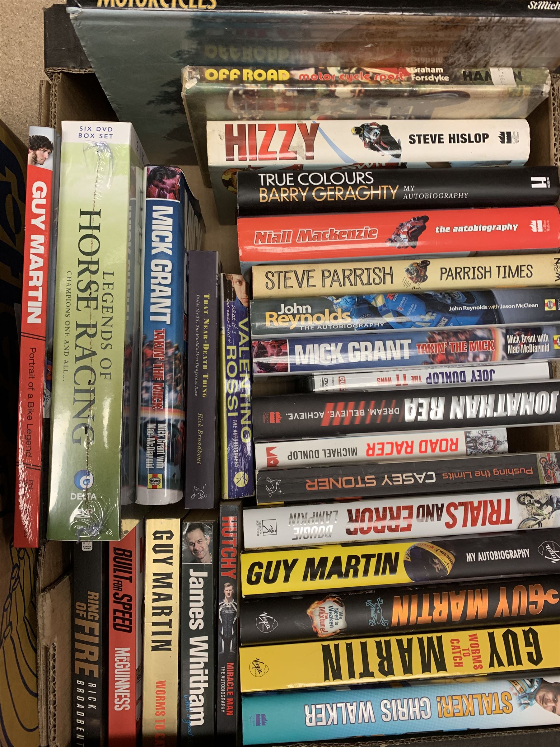Books, mostly relating to horse racing including 'Kieren Fallon from my autobiography', 'Frankincense and More' the biography of Barry Hills,  various other similar biographies and autobiographies and a few DVDs related to horse racing, in three boxes