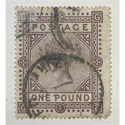 Great Britain Queen Victoria 1867-83 one pound brown-lilac stamp, plate one, used, previously mounted