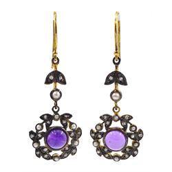 Pair of amethyst, seed pearl and diamond pendant earrings, the central cabochon amethyst with laurel leaf surround set with diamonds and seed pearls