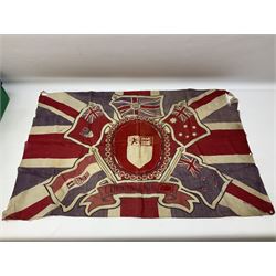 George VI 1937 Coronation flag, the central portrait and date covered with stitched panels 56 x 83cm; sailor's hat; leather holster with belt dated 1943 containing Lone Star toy die-cast Luger gun; and reproduction Stanley brass cased pocket sextant (4)