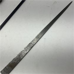 Brown Bess type socket bayonet the 40.5cm fullered triangular blade stamped WK, L52.5cm overall; malacca cane swagger type stick with white metal mounts and horse hair fly whisk; and another plain ebonised swagger stick (3)