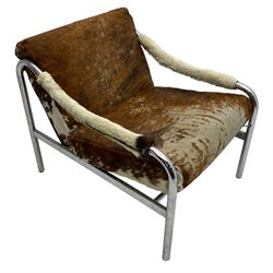 Tim Bates for Pieff - 1970s 'Beta' armchair, chrome frame with leather seat pad, the loose cushions and arms upholstered in tricolour cow hide