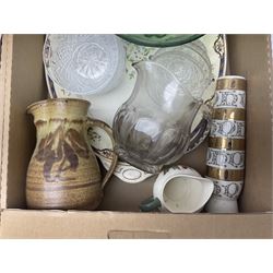 Masons and Furnival Denmark pattern blue and white tea wares, together with a Royal Worcester trinket box, Leedsware bowl and other ceramics and glassware, in four boxes