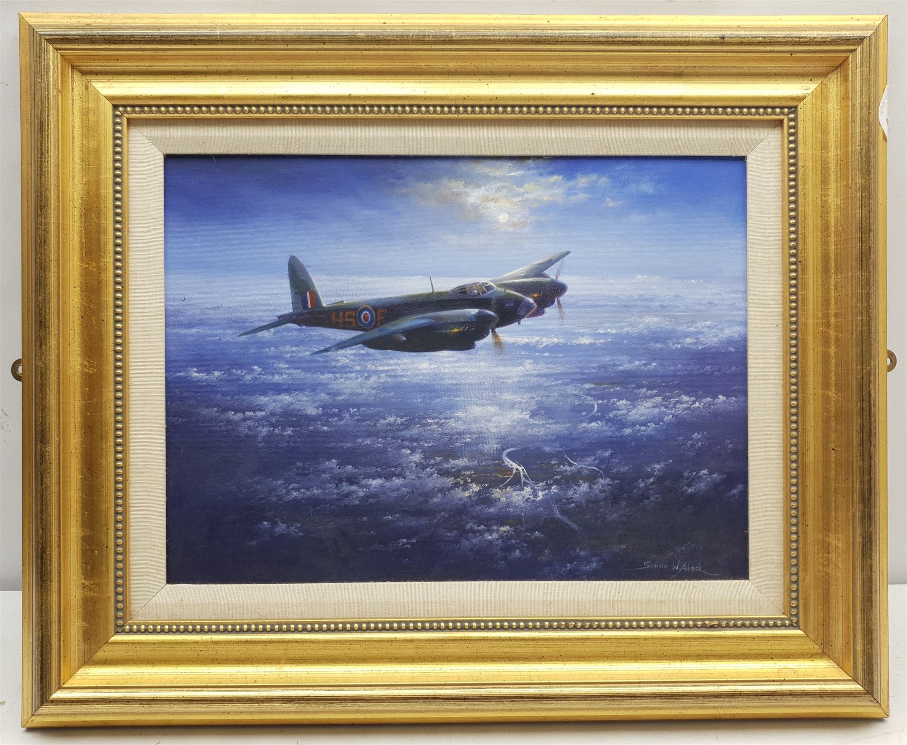 Simon W Atack (British 1957-): Mosquito Bomber in Flight, oil on board signed 29cm x 39cm