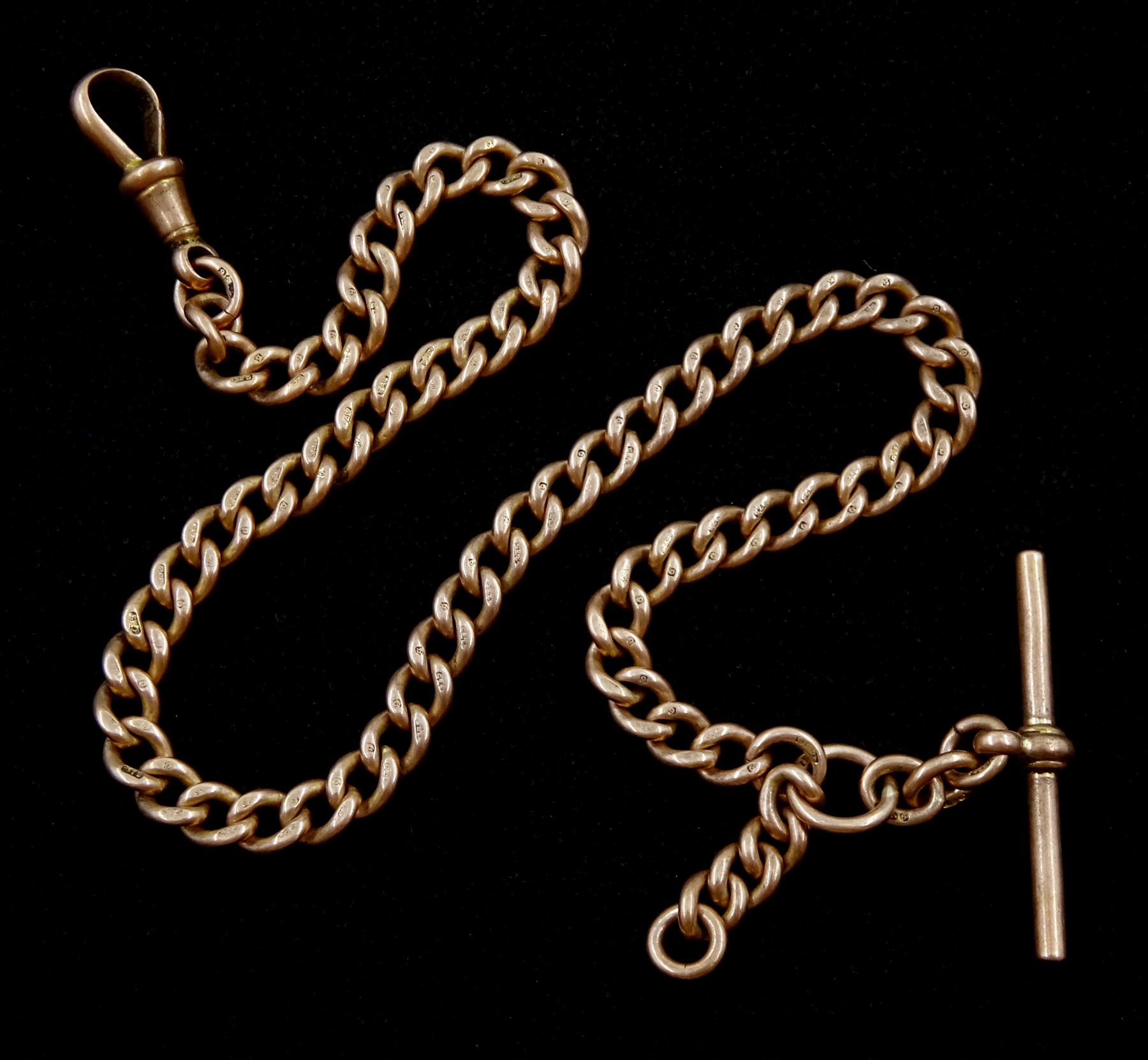 Early 20th century 9ct rose gold Albert chain with T bar and clip, each link stamped 9.375 by Herbert Bushell & Son Ltd, Birmingham, approx 34.6gm
