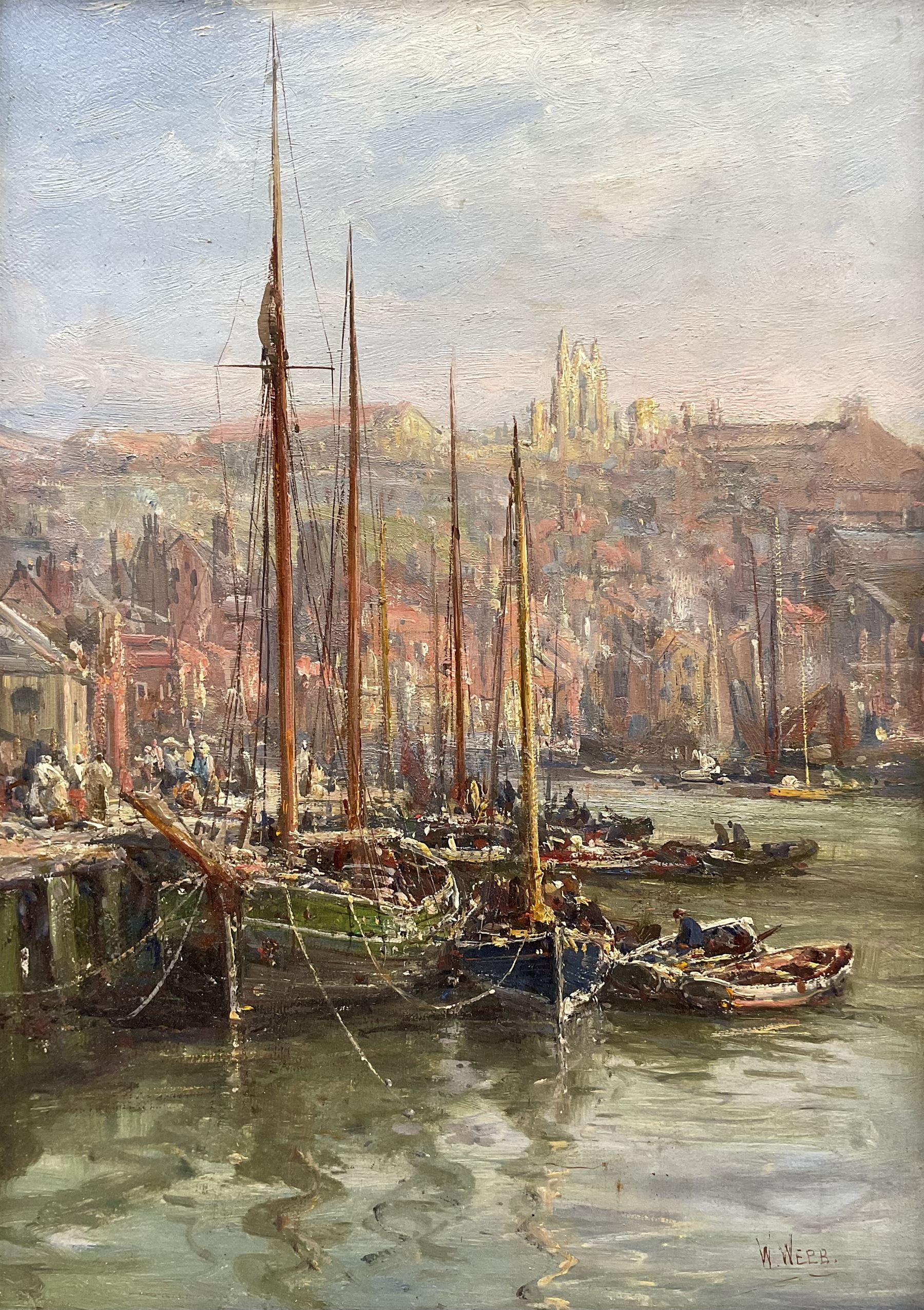William Edward Webb (British 1862-1903): Fishing Boats in Whitby Harbour's Dock End, oil on canvas signed 34cm x 24cm