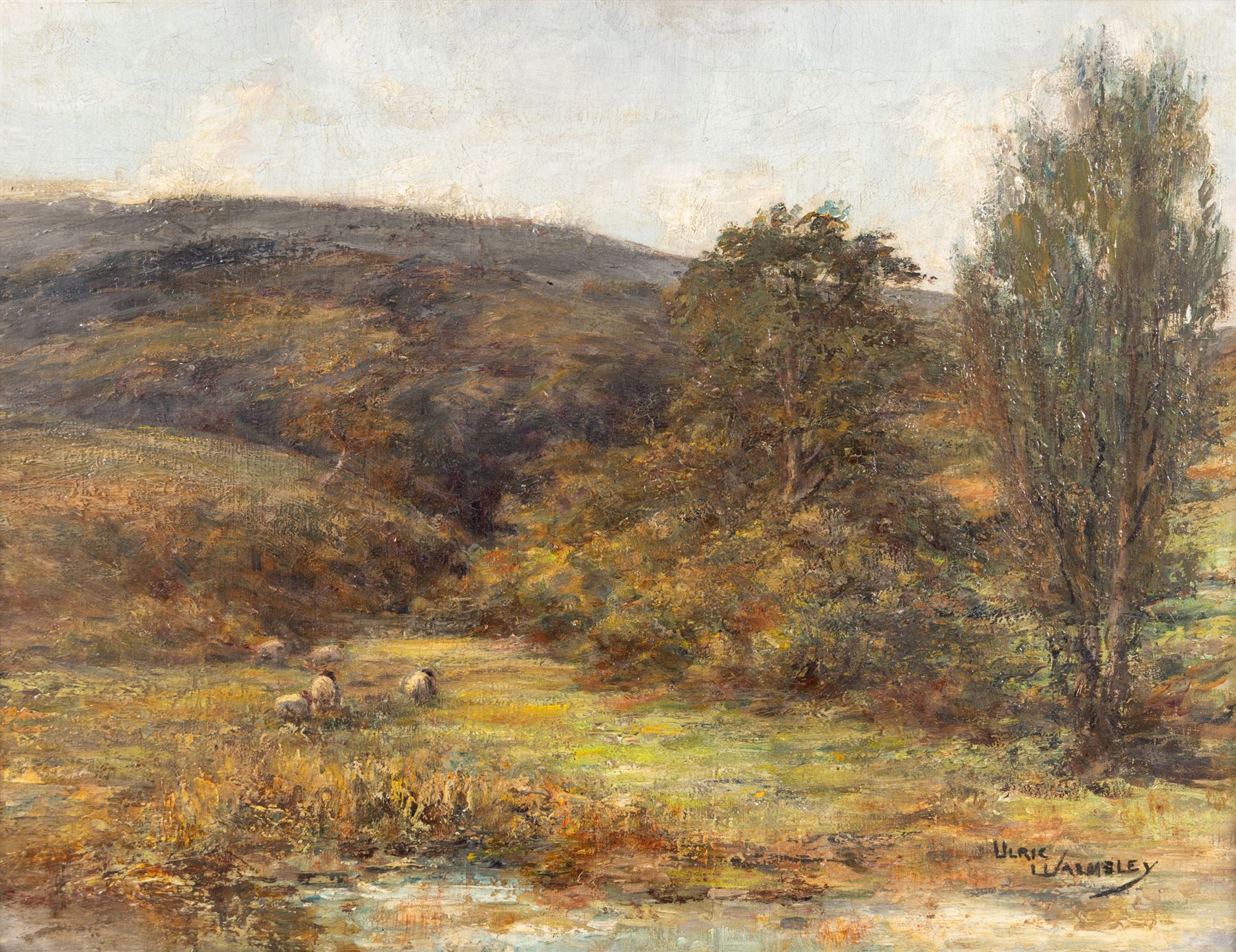 James Ulric Walmsley (British 1860-1954): Sheep Grazing on a Riverside, oil on canvas signed 32cm x 42cm