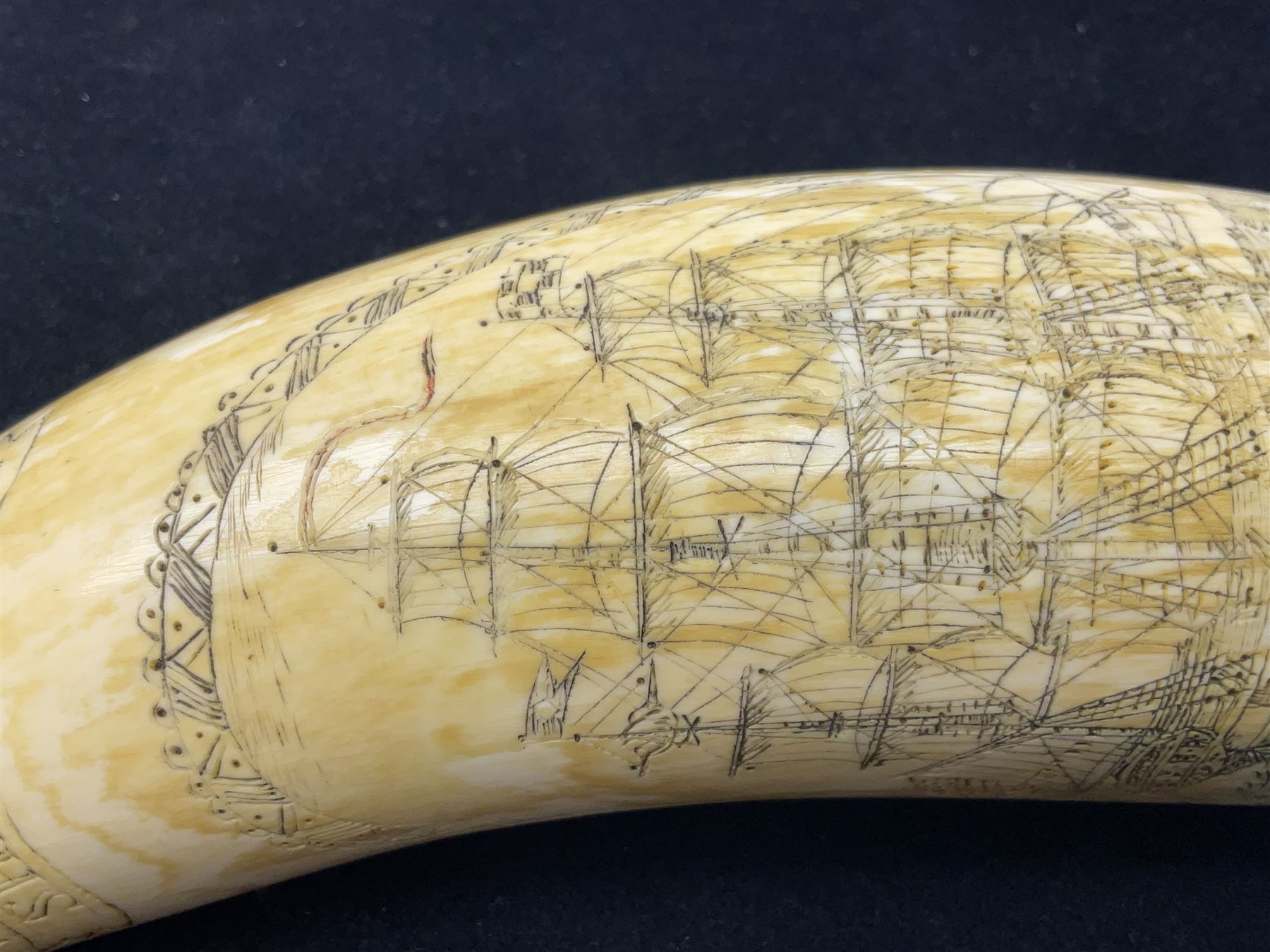 19th century scrimshaw sperm whale tooth from the whaler 'Dove' initialled J.A, Notes, Dove was a Union whaling boat, built at Newbury. Tt was scuttled as part of the Second Stone Fleet on January 25th-26th, 1862, in an attempt to block Charleston Harbor. The captain of the Dove was Captain James Wells Green Port. There were five members of the crew had the initials J.A, any of which could have created the scrimshaw.