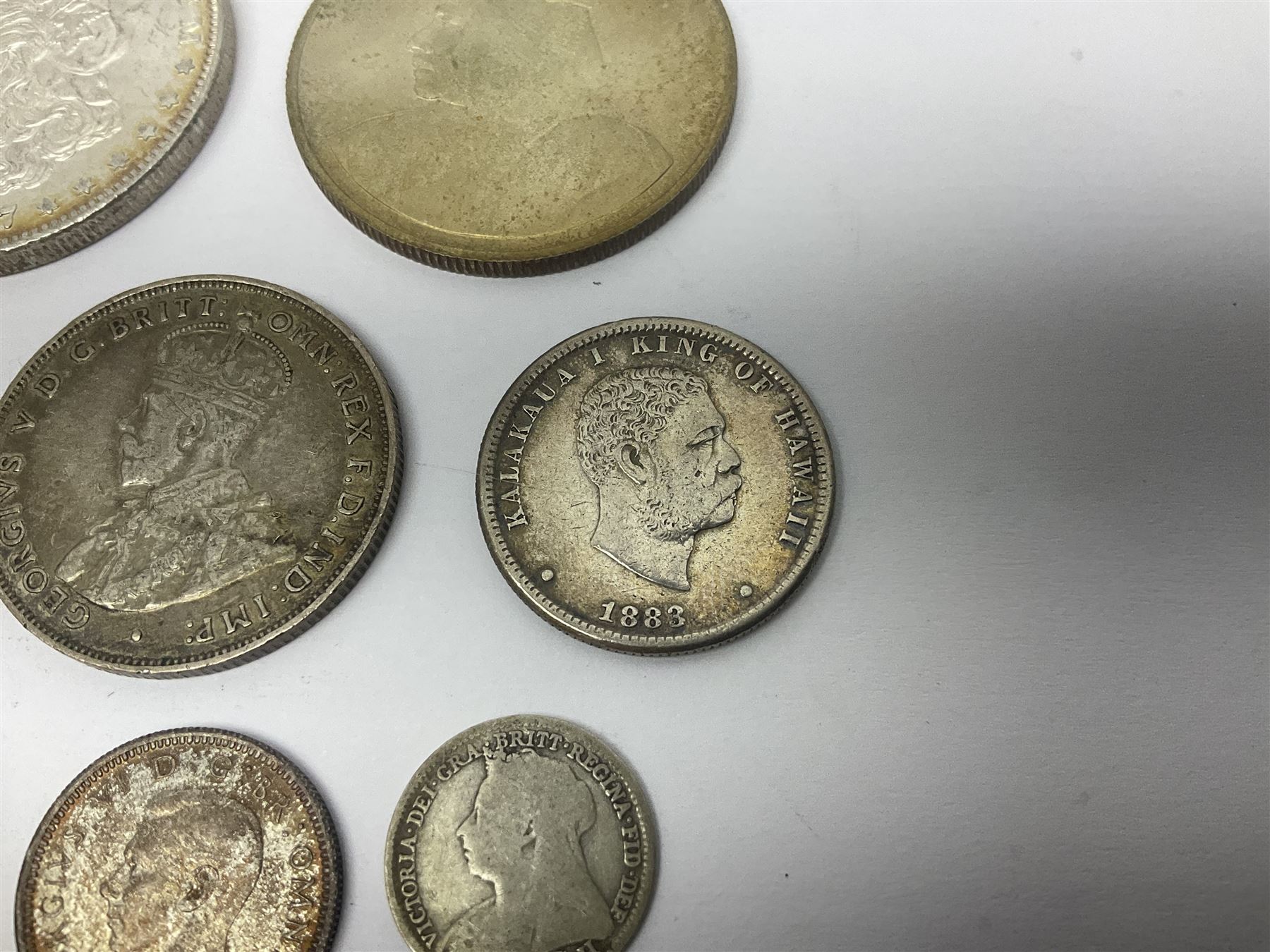 King George V British West Africa 1916 two shillings coin, King George VI Australia 1943 shilling, United States of America 1887 Morgan dollar, Bahrain 1968 500 fils silver coin, Maria Theresa restrike thaler and other coinage 
