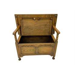 17th century design oak monks bench, hinged metaphoric table back, bobbin turned supports over hinged box seat compartment