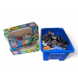 Collection of wrestler figures, two WCW Road Rebels vehicles and a collection of accessories