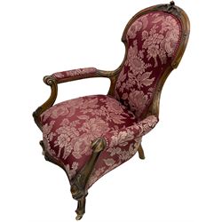 Victorian carved walnut framed ladies and gents upholstered chairs