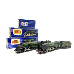 Hornby Dublo - three-rail Duchess Class 4-6-2 locomotive 'Duchess of Montrose' No.46232 with instructions, tested tag and separately boxed D12 tender; and A4 Class 4-6-2 locomotive 'Silver King' No.60016 in BR gloss green with unboxed tender; both locomotives and one tender in blue striped boxes (4)