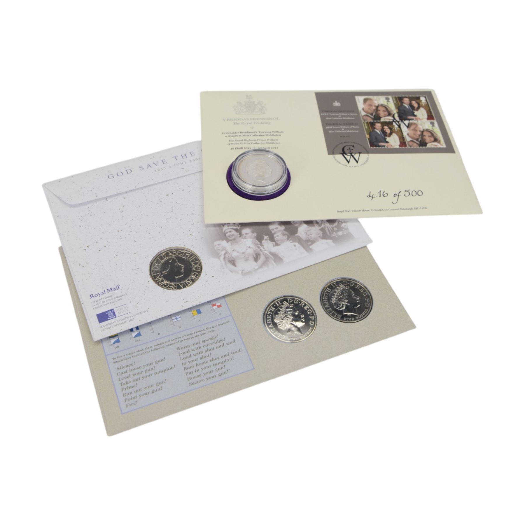 Three The Royal Mint United Kingdom silver coins, comprising 1990 silver proof five pence two coin set, 2011 'William and Catherine' silver proof five pound coin on cover, and 2014 'SS Gairsoppa Britannia' fine silver quarter ounce coin, together with 2013 'Christening of HRH Prince George of Cambridge' five pound brilliant uncirculated crown, 2003 'Coronation Anniversary' brilliant uncirculated five pound coin on cover, two 2005 'Horatio Nelson and the Battle of Trafalgar' uncirculated five pound coins on cover, and Marshall Islands 1989 silver proof crown