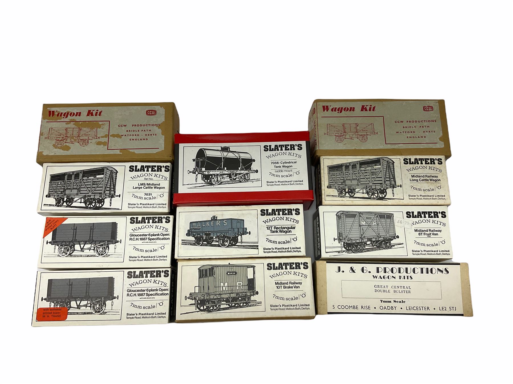 '0' gauge - Twelve unmade railway wagon kits by Slaters, J. & G. Productions, C. & U. Castings and CCW Productions including brake vans, cattle trucks, fruit van, tank wagons, open wagons etc; predominantly plastic but some die-cast; all but one boxed (12)