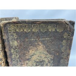 Three 17th century Lugduni (Lyon) printed books each with engraved title page in red and black comprising R.P. Corn Cornelii A Lapide .... Tomus Primus. 1690; R.P. Cornelii Cornelii A Lapide .... 1683; and Hortus Pastorum Sacrae Doctrinae Floribus Polymitus .... 1668. All folio with full calf bindings (3)
