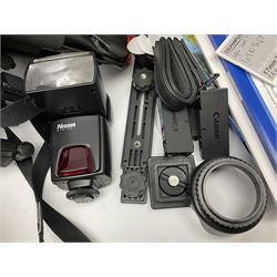 Sony Cyber-Shot digital camera body with 'Sony 63x optical zoom 3,4-6,5/4,4-277' lens, various tripods to include Manfrotto, Lowepro camera backpack and other camera equipment