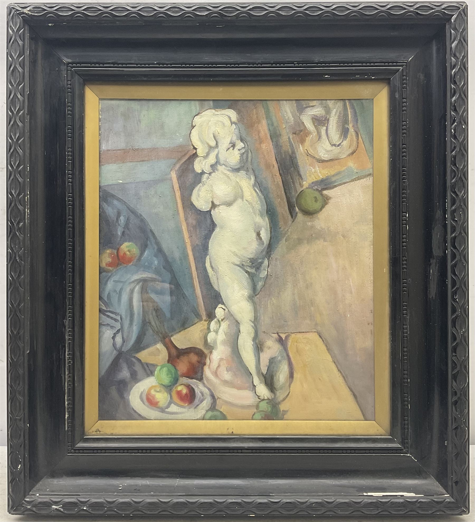 René Morren (Belgian 1868-?): 'Statue dans le Studio', oil on canvas signed and titled verso 34cm x 29cm