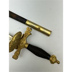 Ceremonial sword, the 75cm blade marked Toledo, Spain, gilt handle with black wire-bound grip  with leather scabbard with gilt tip, L94cm 