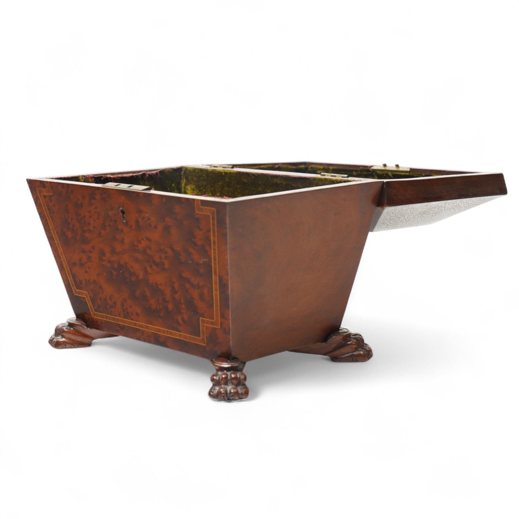 20th century amboyna tea caddy, of sarcophagus form, on paw feet, W22cm