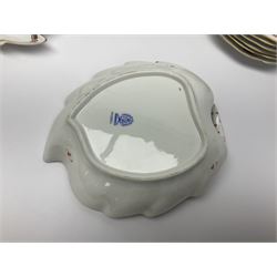 Herend Chinese Bouquet Rose pattern tea service comprising teapot, coffee pot, open sucrier, six cups and saucers, six tea plates, cream jug and stand, milk jug, two teabag holders, preserve pot, two leaf shaped dishes, four egg cups, salt & pepper pots, pair side plates and another plate