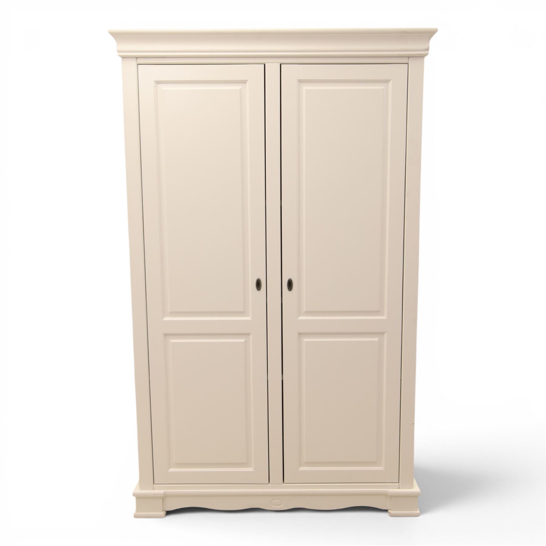 Modern white painted double wardrobe, fitted with two panelled doors, enclosing a hanging rail and shelving, raised on bracket feet