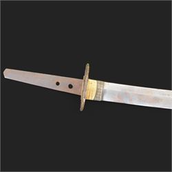 Japanese Army Officers Gunto Sword,  with 64cm steel single edged blade, bronze tsuba and wrapped fish skin grip, in leather scabbard overall L87cm