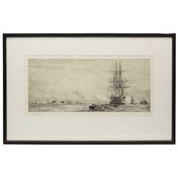 William Lionel Wyllie RA RWS (British 1851-1931): HMS Victory in Portsmouth Harbour, drypoint etching signed in pencil 21cm x 48.5cm