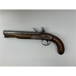Early 19th century flintlock holster pistol with 21.5cm octagonal barrel, walnut full stock, plain steel lock, foliate chased trigger guard, inlaid silver cartouche and under barrel ramrod with horn tip L35.5cm overall