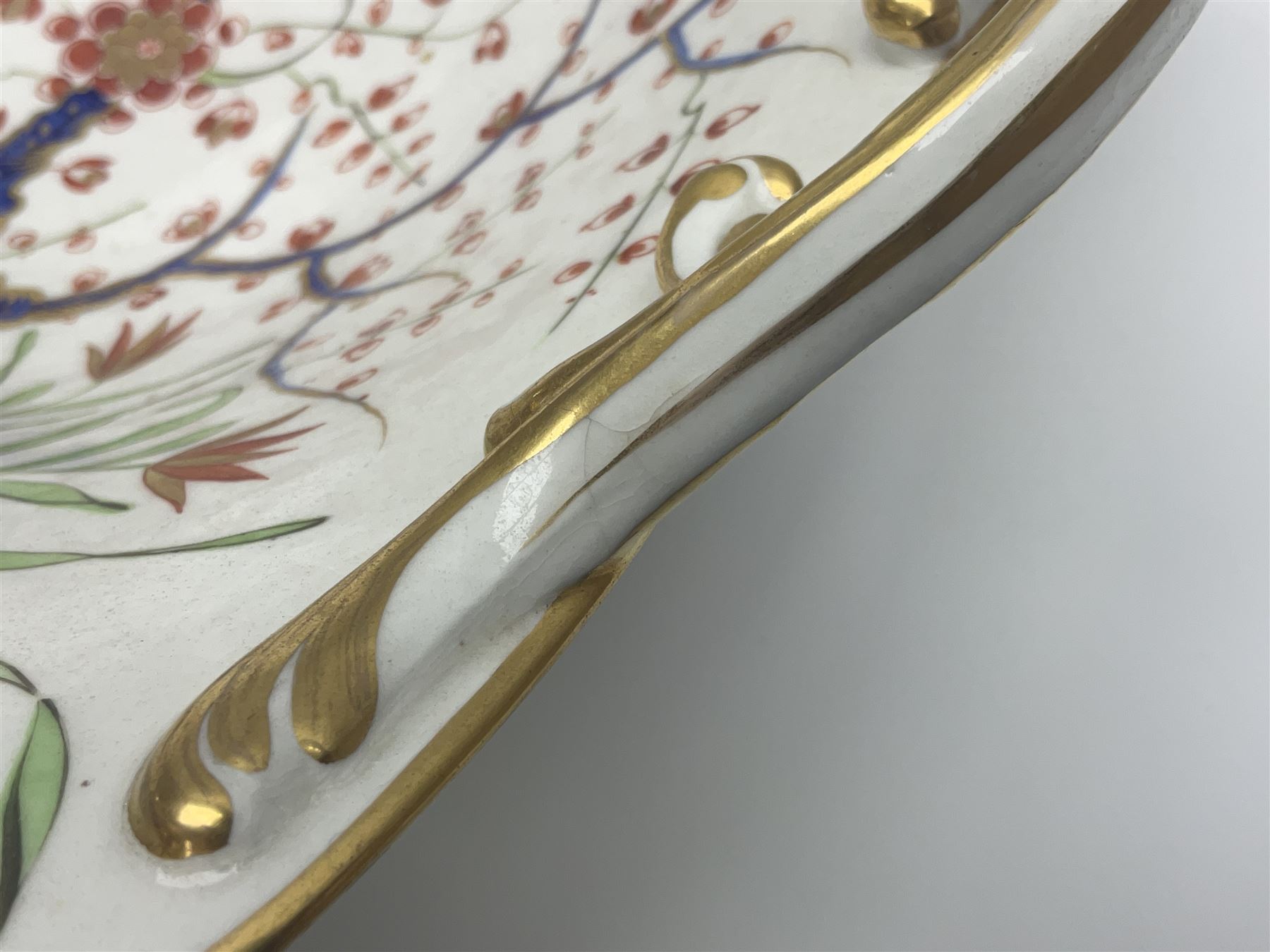 19th century Royal Crown Derby in cherry tree pattern, twin handled sauce dish and saucer and twin handled dish, together with three Royal Crown Derby plates, including one signed WEJ Dean